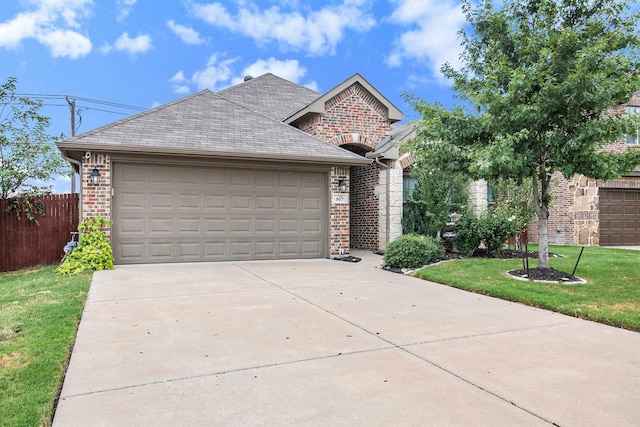 view of front of house with a front yard and a garage