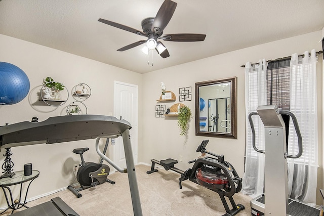 bedroom with ceiling fan and light colored carpet