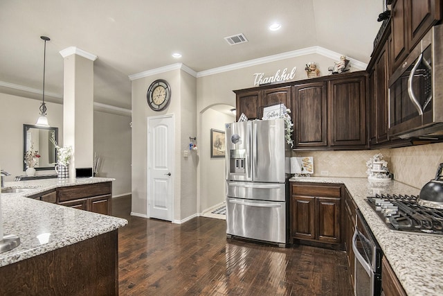 kitchen featuring stainless steel dishwasher, ceiling fan with notable chandelier, sink, and dark wood-type flooring