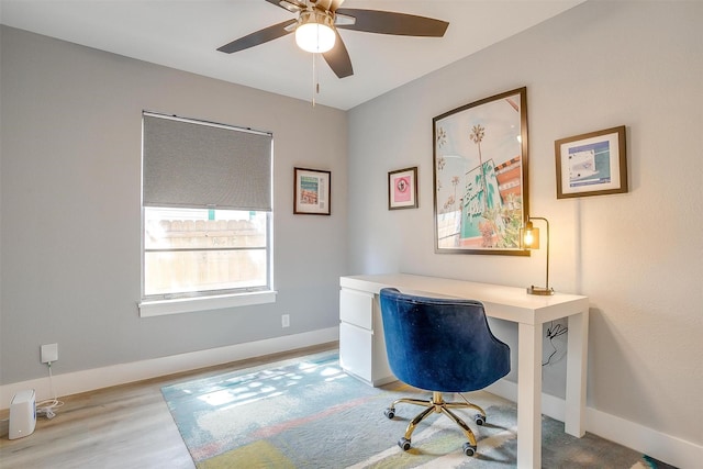 home office with ceiling fan and light hardwood / wood-style floors