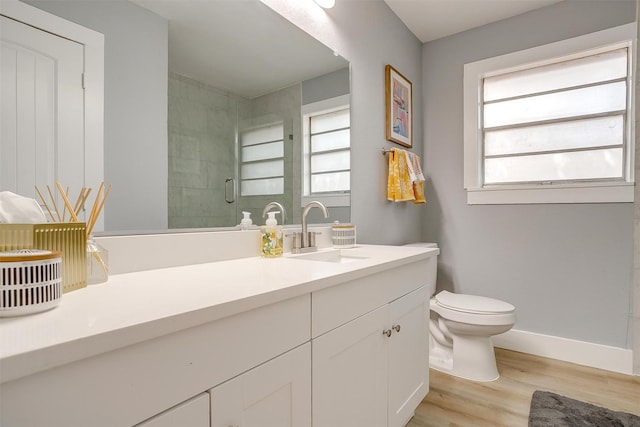 bathroom featuring vanity, hardwood / wood-style flooring, toilet, and walk in shower