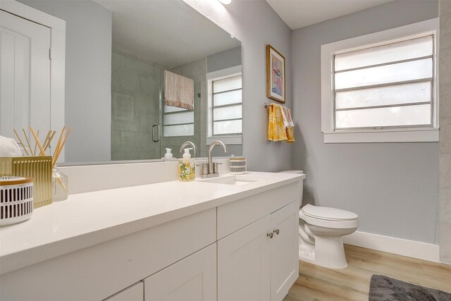 bathroom with hardwood / wood-style flooring, vanity, toilet, and a shower with door