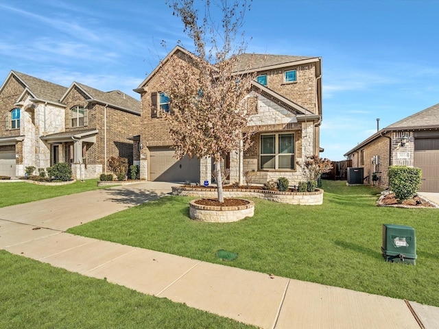 craftsman inspired home with central AC, a garage, and a front yard