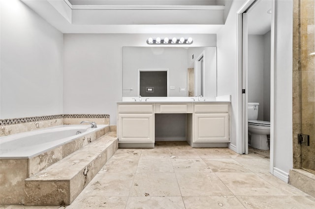 full bathroom with ornamental molding, vanity, independent shower and bath, and toilet