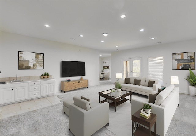 living room with light tile patterned flooring and french doors