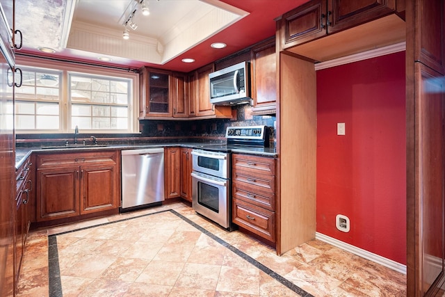 kitchen featuring tasteful backsplash, stainless steel appliances, a raised ceiling, crown molding, and sink