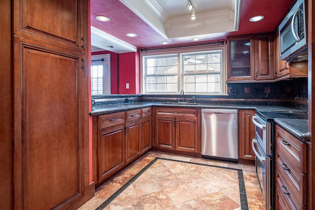 kitchen with tasteful backsplash, stainless steel appliances, a tray ceiling, crown molding, and sink