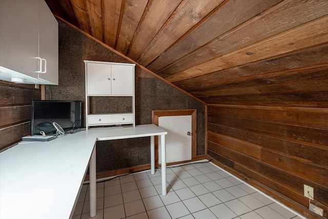 bonus room featuring light tile patterned floors, lofted ceiling, wooden ceiling, and wooden walls