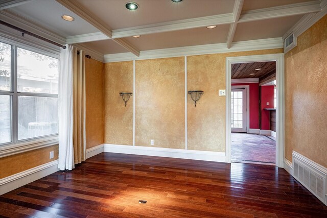 unfurnished room featuring beamed ceiling, dark hardwood / wood-style flooring, and ornamental molding