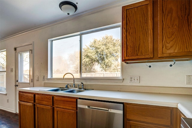 kitchen featuring dark hardwood / wood-style floors, stainless steel dishwasher, ornamental molding, and sink