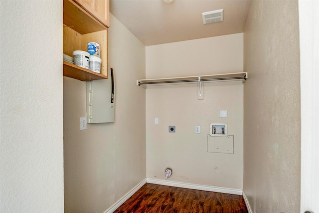 laundry room featuring hookup for a washing machine, dark hardwood / wood-style floors, and hookup for an electric dryer