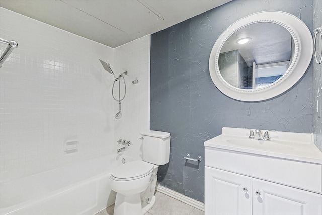 full bathroom featuring a textured wall, toilet, tub / shower combination, vanity, and baseboards