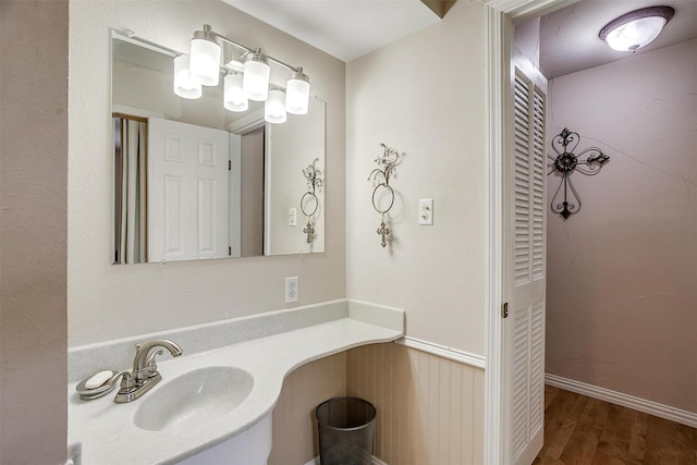 bathroom featuring vanity and hardwood / wood-style floors