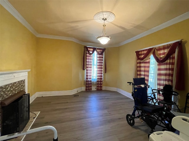 interior space with crown molding, dark hardwood / wood-style floors, and a fireplace