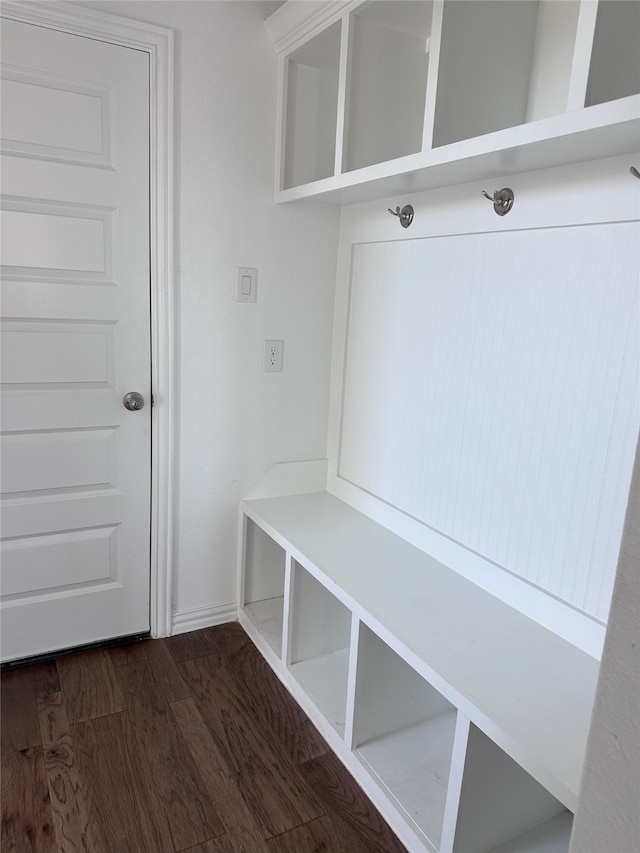 mudroom featuring dark wood-type flooring