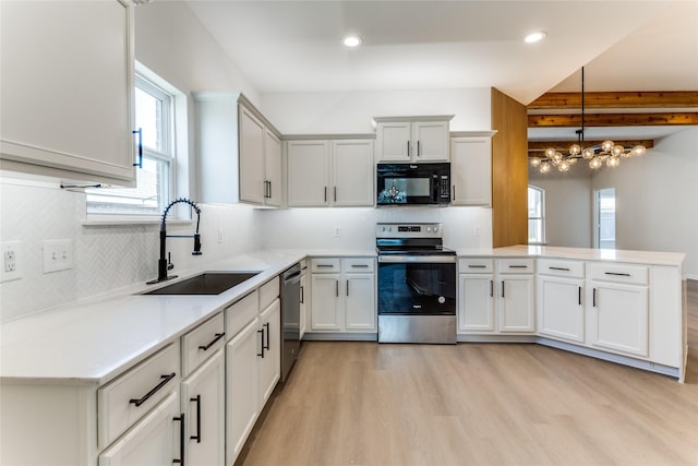 kitchen with sink, white cabinetry, hanging light fixtures, kitchen peninsula, and stainless steel appliances