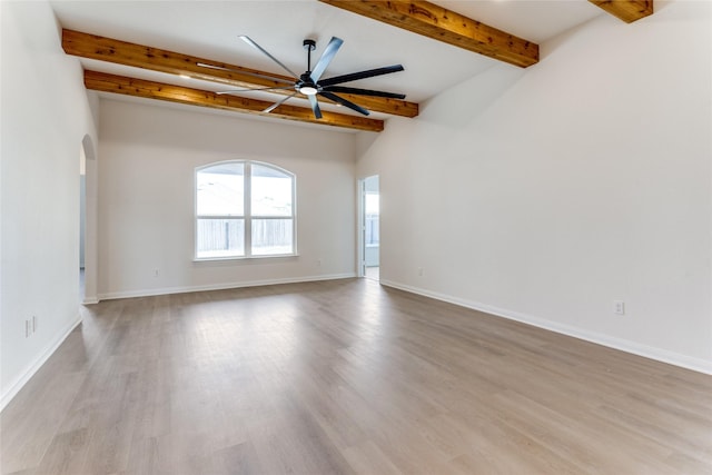 unfurnished room with beamed ceiling, ceiling fan, and light hardwood / wood-style floors