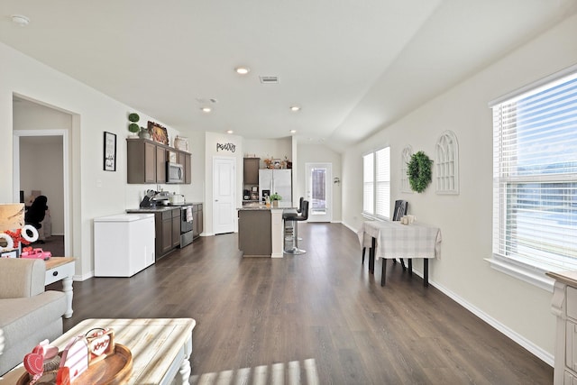 living room with lofted ceiling, plenty of natural light, and dark hardwood / wood-style flooring