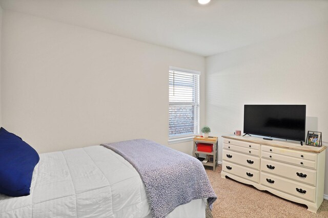 bedroom featuring light colored carpet