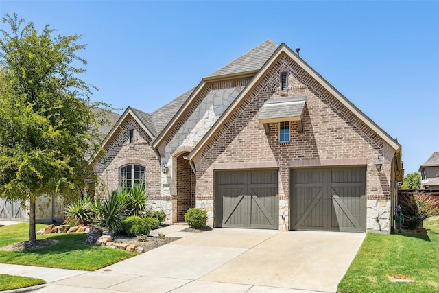 french country inspired facade with an attached garage, brick siding, a shingled roof, stone siding, and driveway