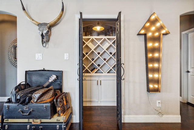 wine area with dark hardwood / wood-style flooring