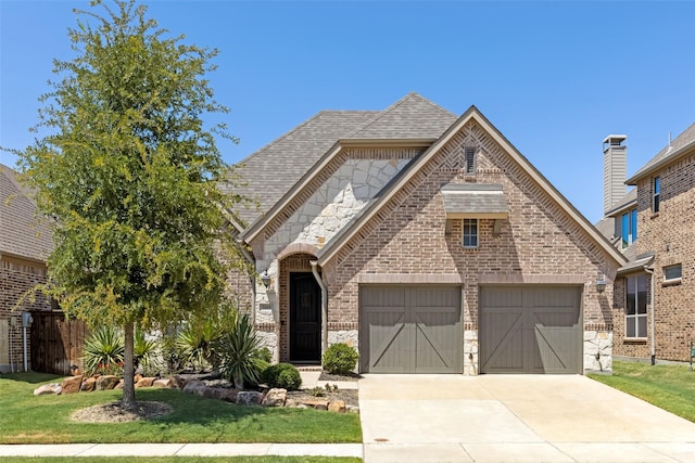 french provincial home with brick siding, a shingled roof, a garage, stone siding, and driveway