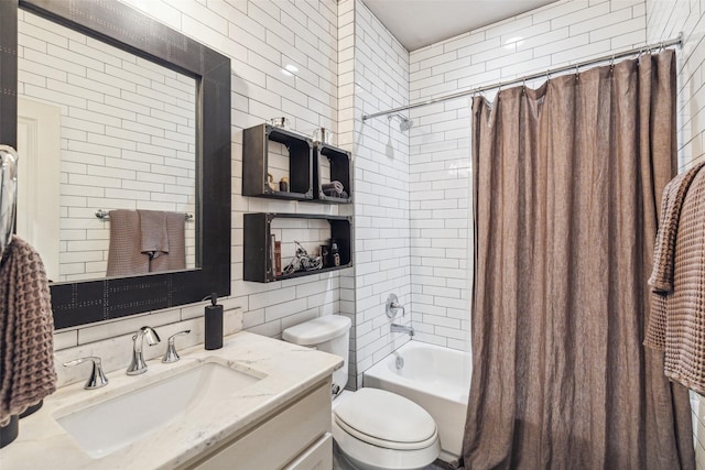 full bathroom featuring shower / bath combination with curtain, toilet, tile walls, and vanity