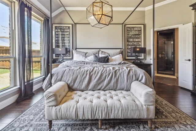 bedroom with dark hardwood / wood-style floors, multiple windows, and crown molding