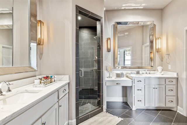 bathroom with tile patterned flooring, vanity, and walk in shower