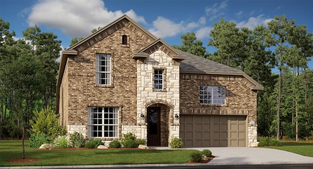 view of front of home with a garage and a front lawn