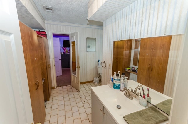 bathroom with vanity, crown molding, and a textured ceiling