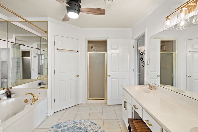 bathroom featuring independent shower and bath, vanity, crown molding, tile patterned floors, and a textured ceiling