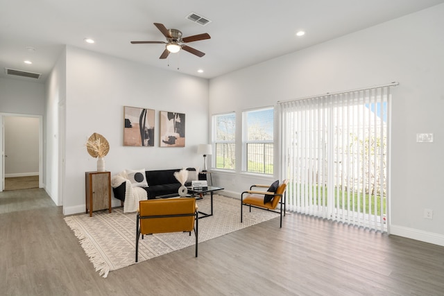 living room with ceiling fan and wood-type flooring