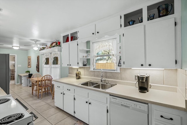 kitchen with open shelves, light tile patterned flooring, white cabinets, a sink, and white appliances