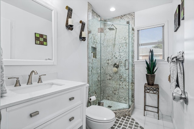 bathroom featuring vanity, a shower stall, and toilet