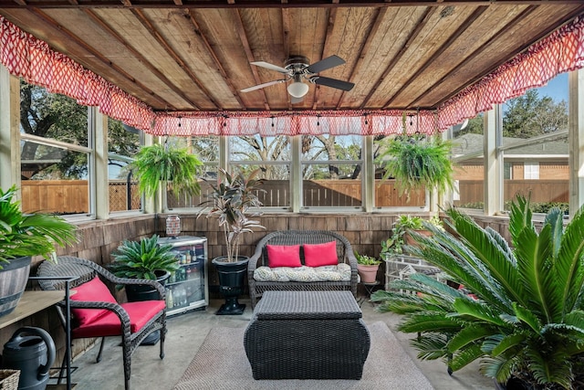 sunroom / solarium featuring wooden ceiling and a ceiling fan