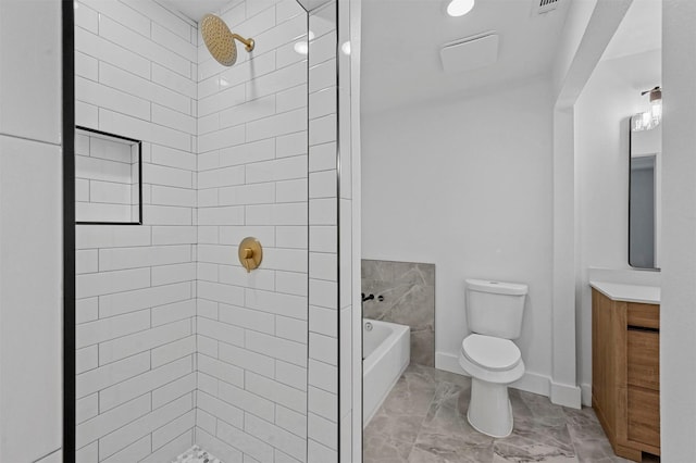 full bathroom featuring vanity, separate shower and tub, and toilet