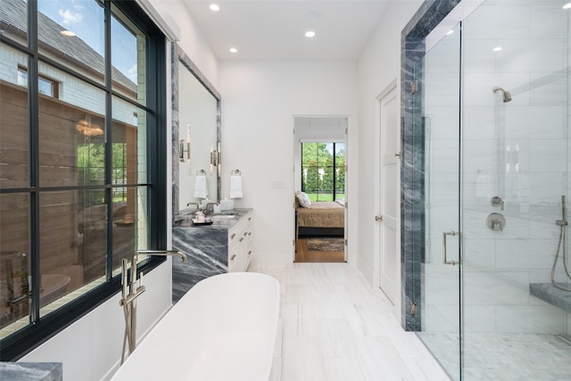 bathroom with separate shower and tub and vanity