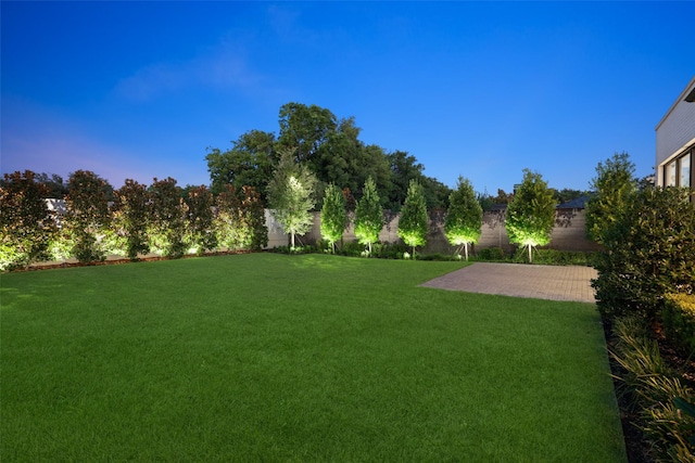 yard at dusk featuring a patio area