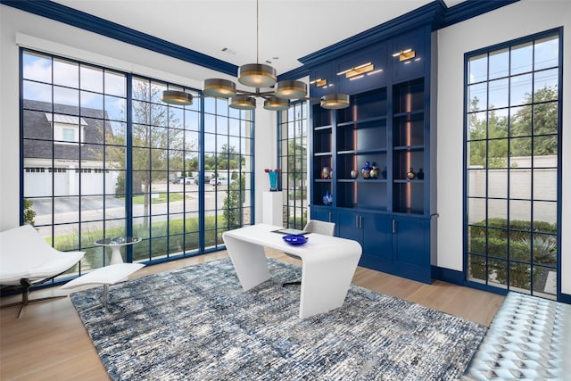 interior space with hardwood / wood-style floors and crown molding