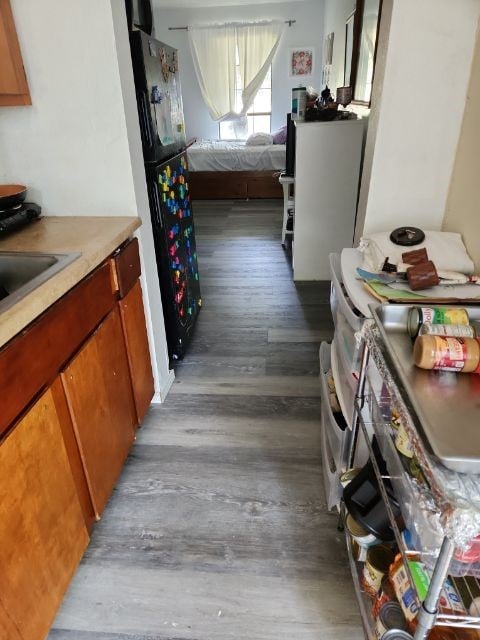 interior space featuring sink, dark hardwood / wood-style floors, and black fridge