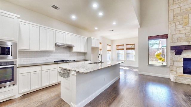 kitchen featuring appliances with stainless steel finishes, a fireplace, sink, a center island with sink, and white cabinets