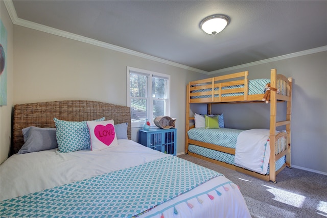 carpeted bedroom with crown molding