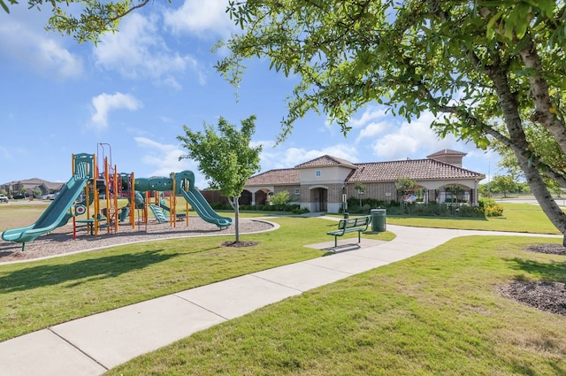 view of jungle gym with a lawn