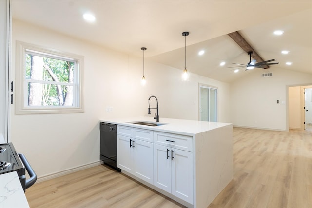 kitchen featuring sink, pendant lighting, lofted ceiling with beams, dishwasher, and white cabinetry