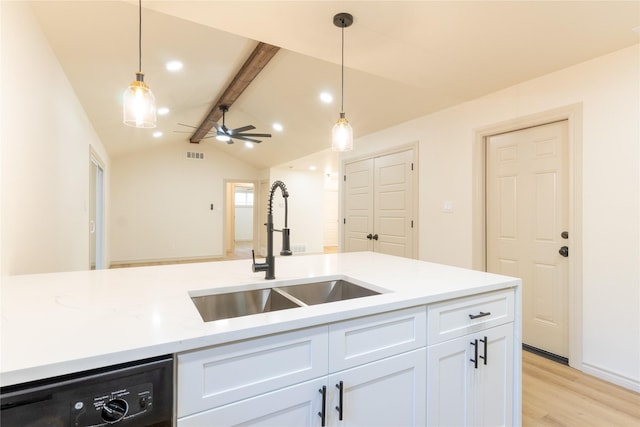 kitchen featuring ceiling fan, sink, decorative light fixtures, dishwasher, and white cabinets