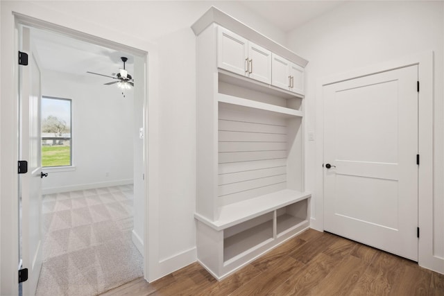 mudroom featuring ceiling fan and hardwood / wood-style floors