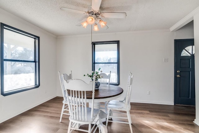 dining area with ornamental molding, dark wood-type flooring, ceiling fan, and a textured ceiling