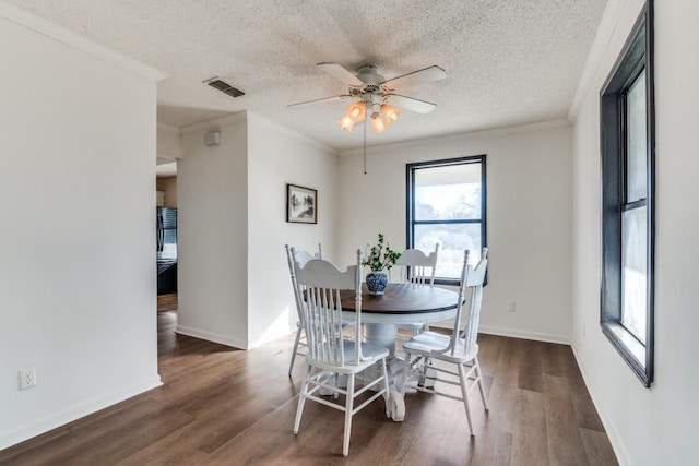 dining room with crown molding, dark hardwood / wood-style floors, and a textured ceiling