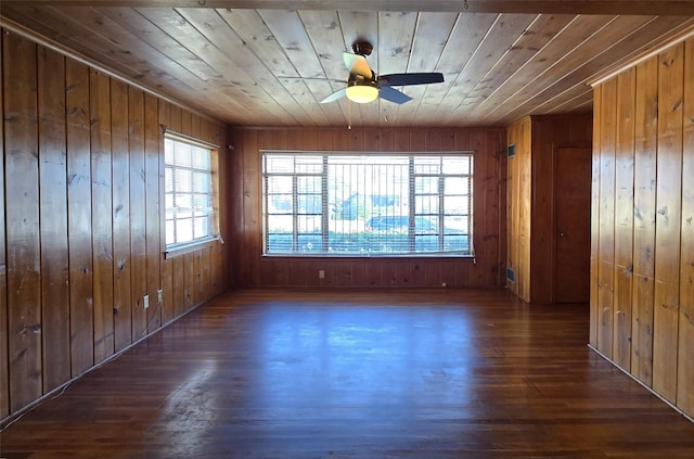 unfurnished room with ceiling fan, dark hardwood / wood-style flooring, and wooden walls